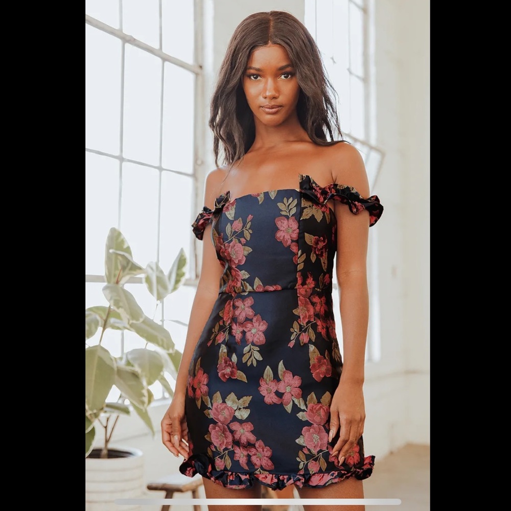 NWT Pop the Bottle Navy Blue Floral Jacquard Ruffled Mini Dress